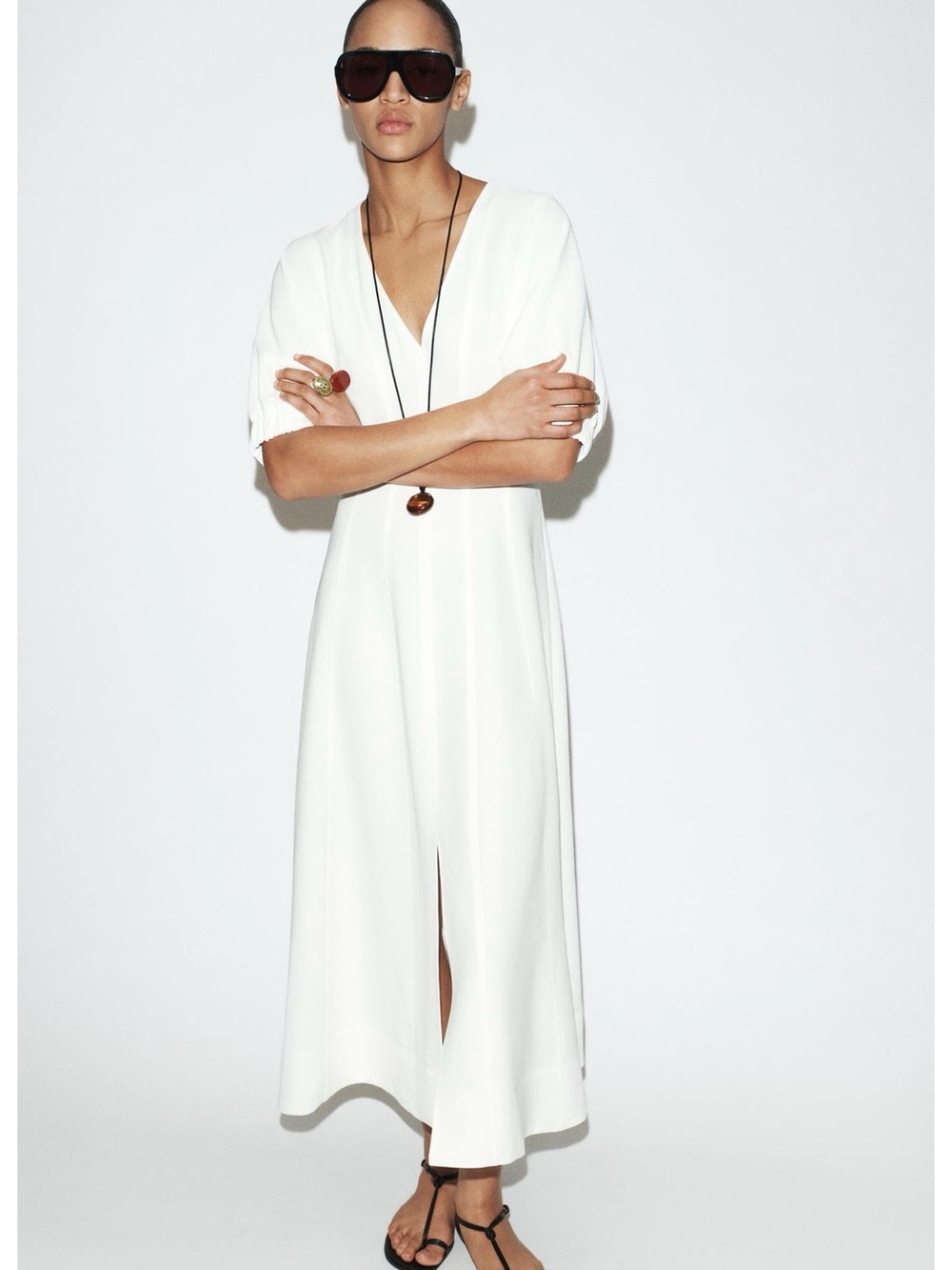 ZARA Ivory V-Neck Balloon Puff Sleeve MIDI Dress - Picture 2 of 8